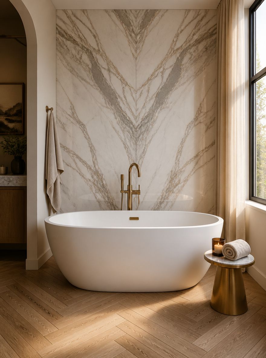Oval tub against bookmatched marble wall