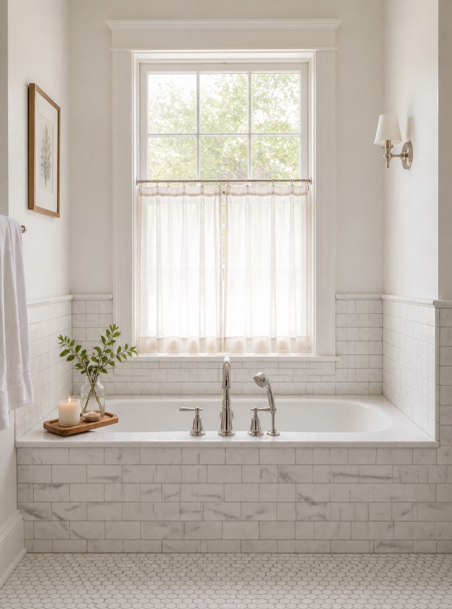 Alcove tub beneath a sheer-curtained window