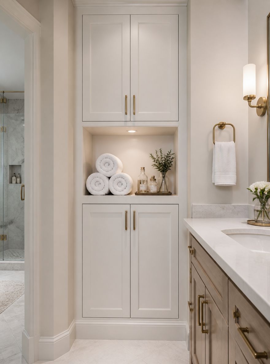 Built-in linen cabinet with open towel shelf