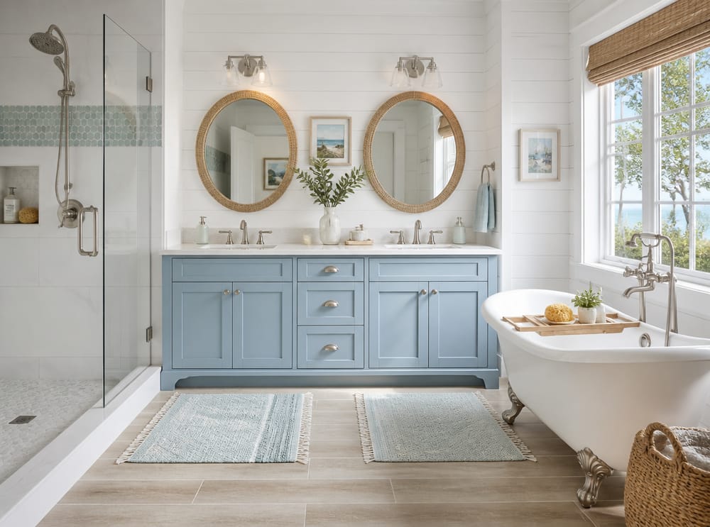 Blue vanity and rattan mirrors in a coastal bath