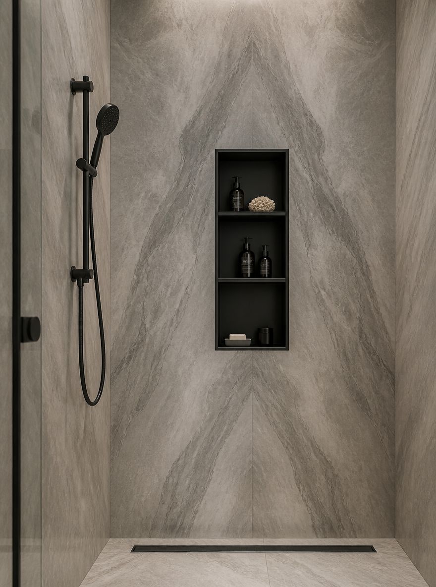 Book-matched porcelain panels with matte black niche