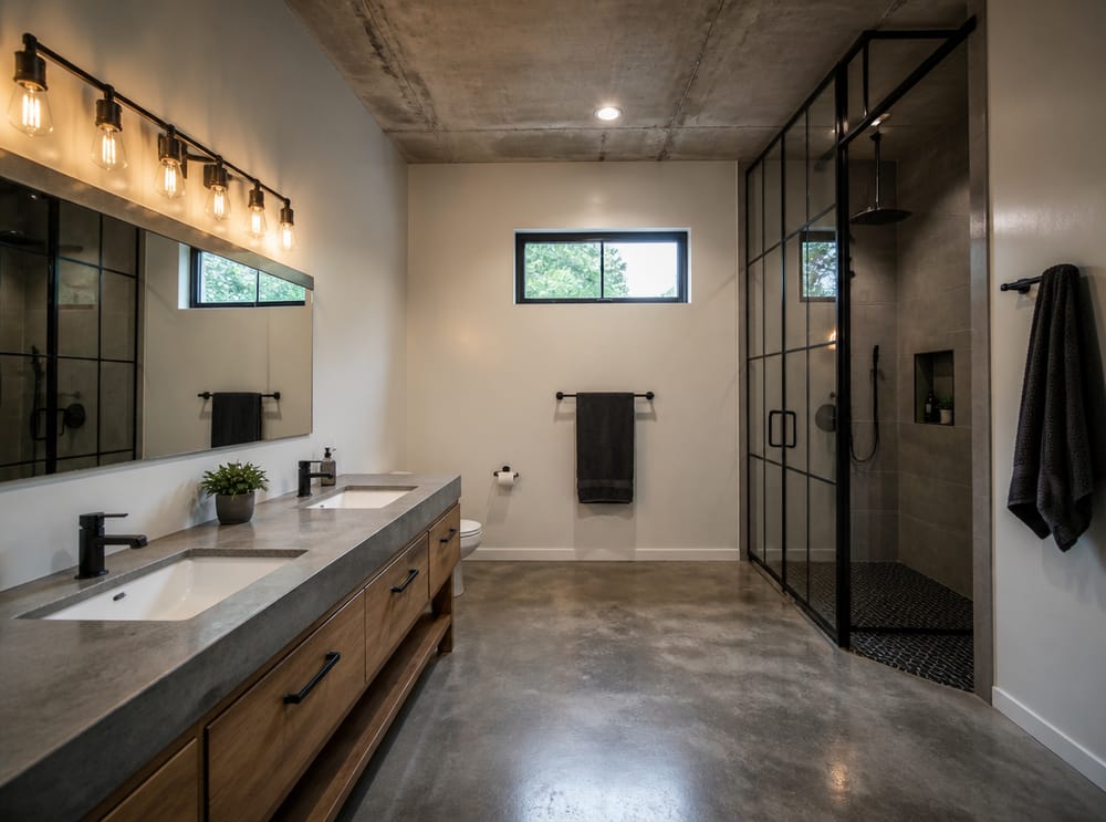 Concrete and black steel industrial bath layout