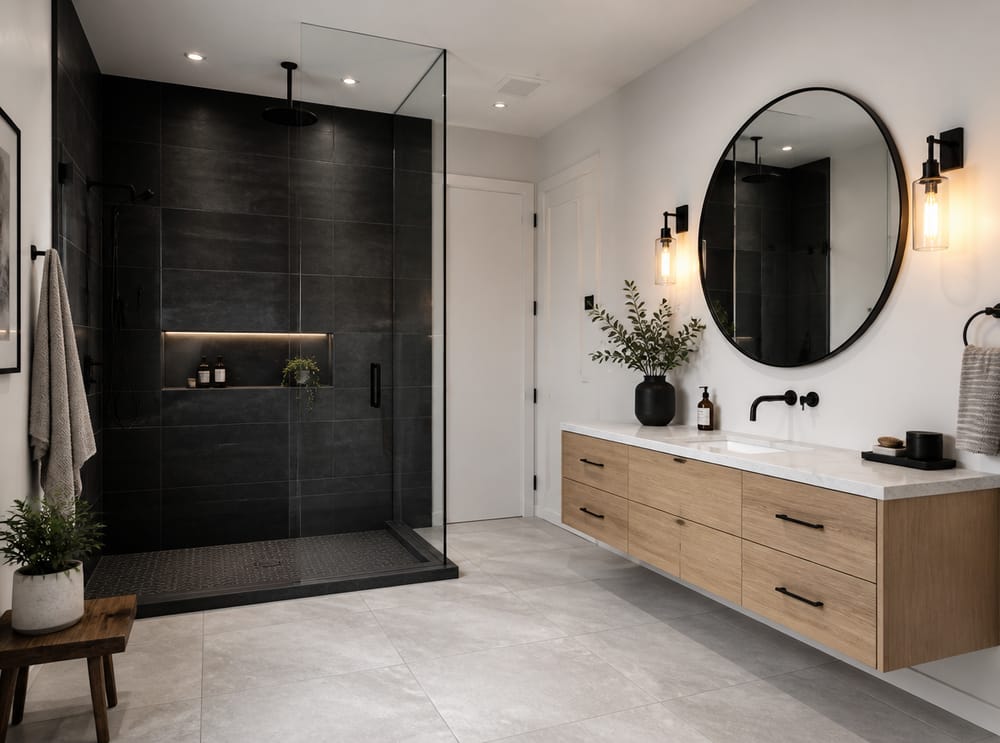 High-contrast black tile shower beside oak vanity