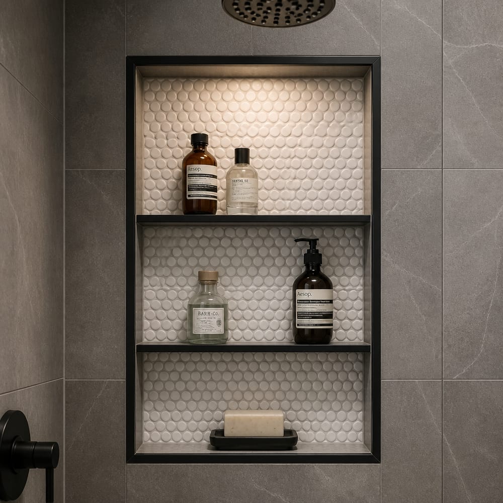 Penny round mosaic niche in gray tile shower
