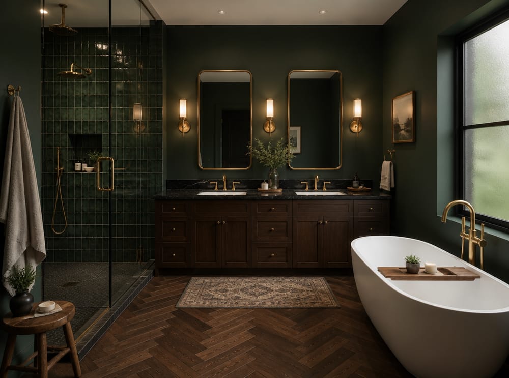 Forest green walls with brass and black marble