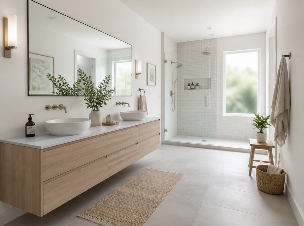 Scandinavian oak vanity with round vessel sinks