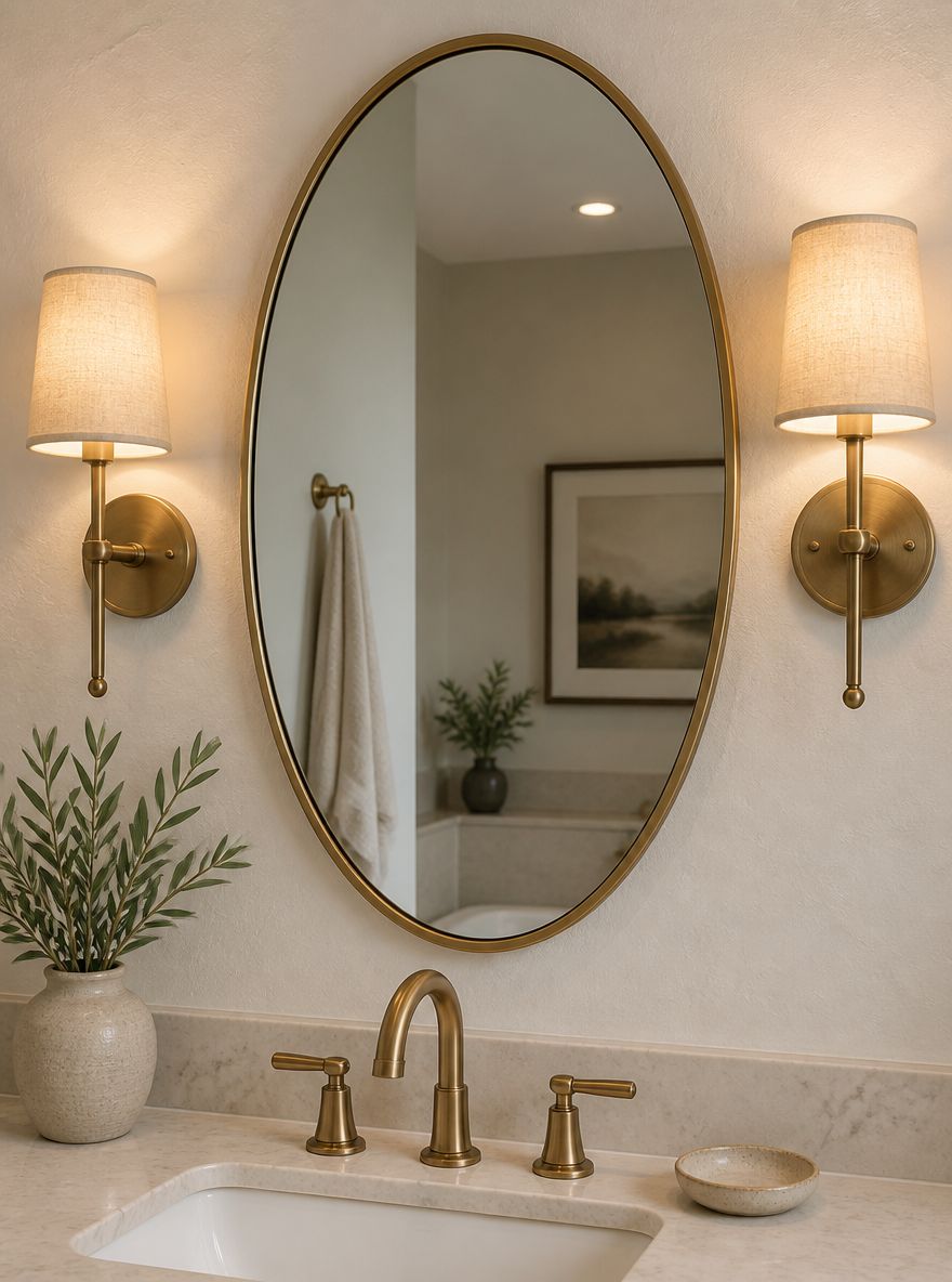 Oval brass mirror flanked by linen sconces