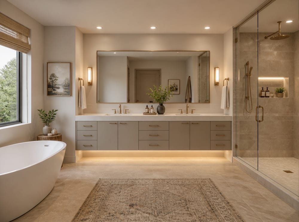 Greige flat-panel vanity with waterfall quartz edge