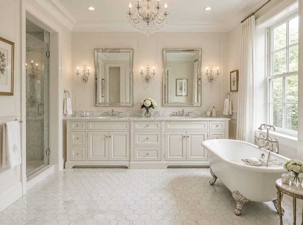 Traditional raised-panel vanity with crystal sconces