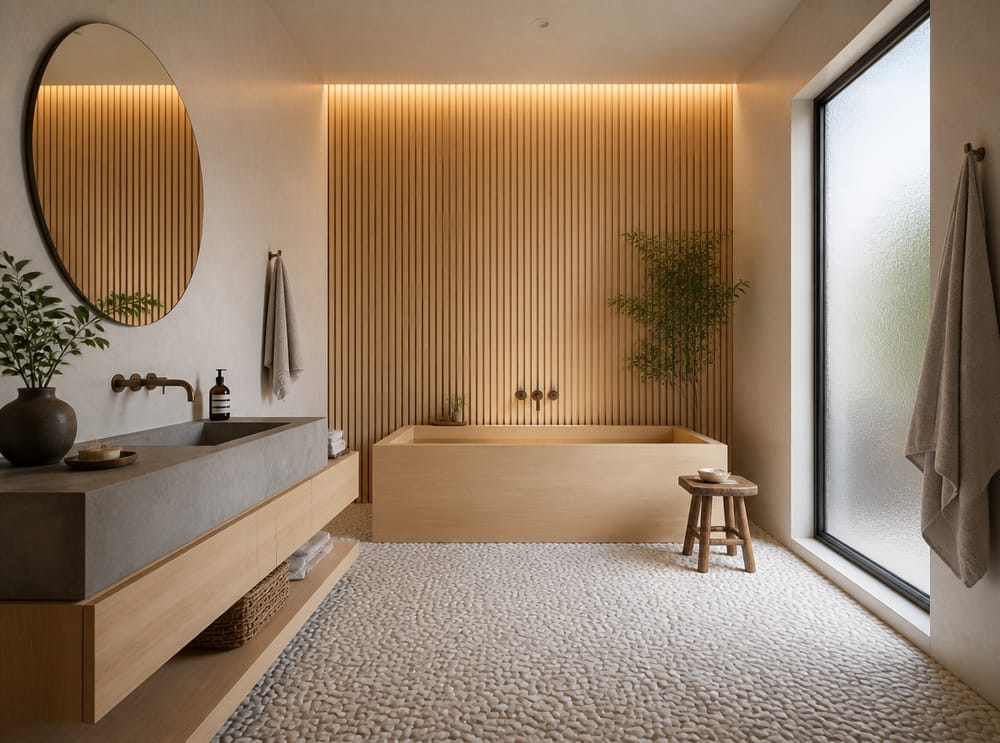 Japandi wood slat wall behind soaking tub