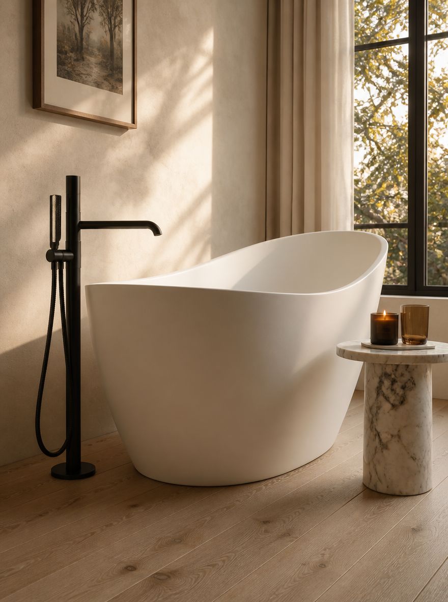 Matte black floor-mount filler beside stone resin tub