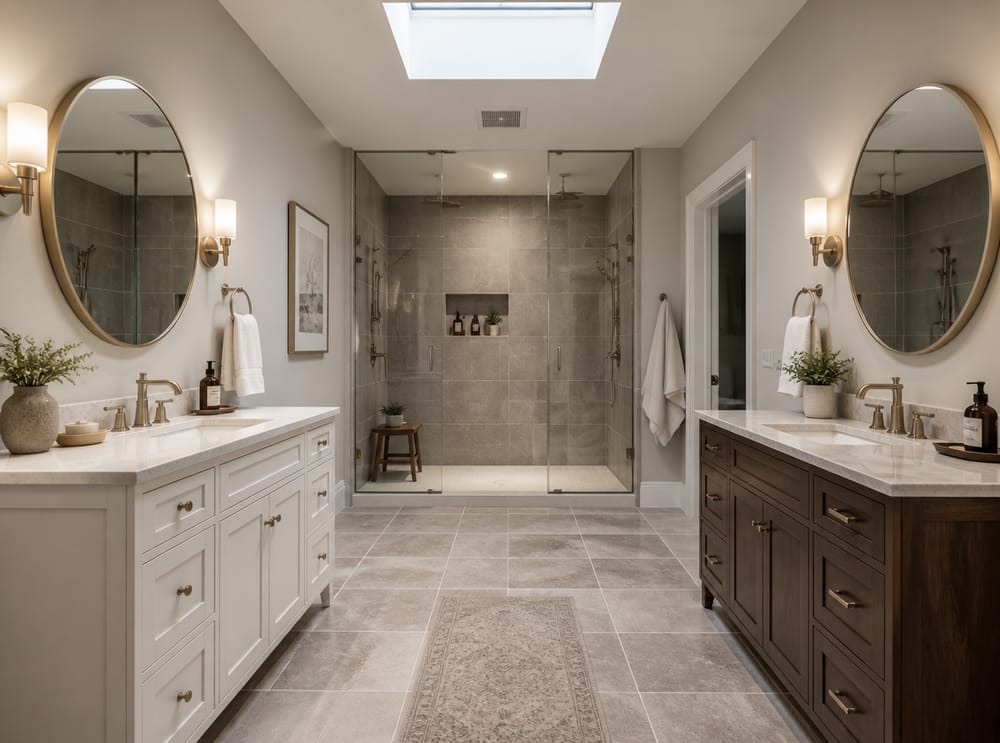 Split vanity layout with skylight between them