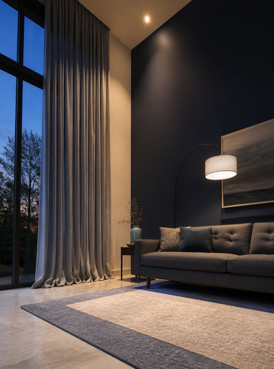 Tall curtains and navy accent wall, layered rug