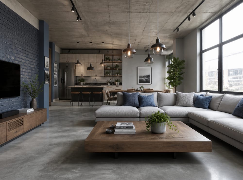 Concrete floor, walnut table, blue-grey brick feature wall