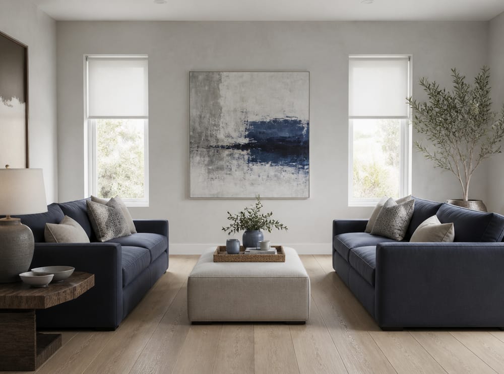 Facing slate-blue sofas around linen ottoman
