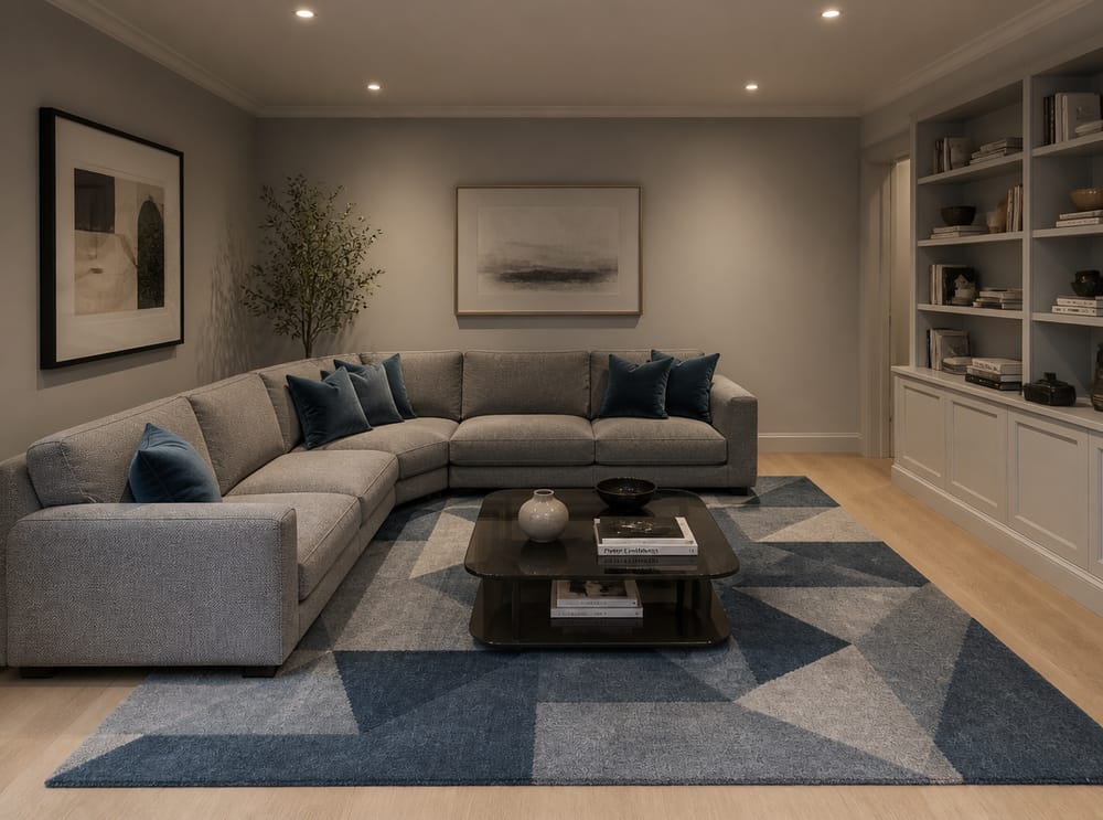 Grey boucle sectional, smoked glass table, built-in shelving