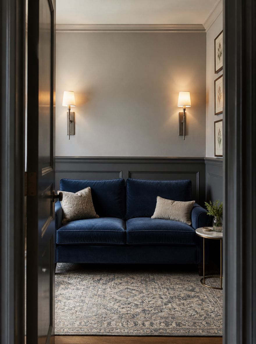 Deep-blue velvet sofa, brushed nickel sconces, wainscoting