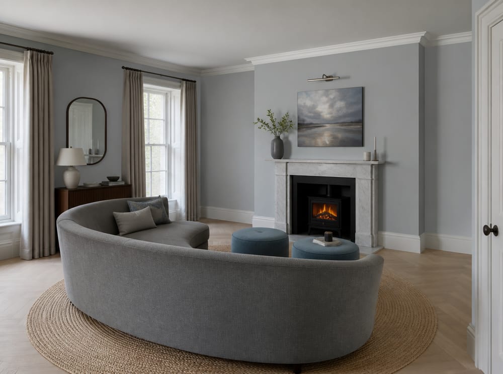 Curved grey sofa facing marble fireplace, dusty ottomans