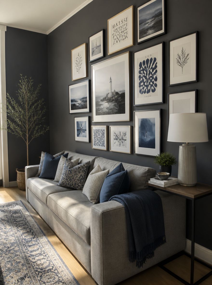 Gallery wall above grey linen sofa, ceramic lamp