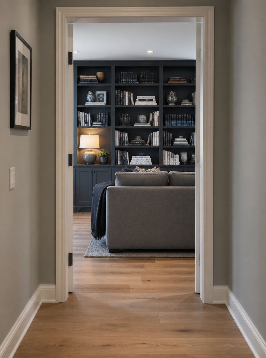 Charcoal built-in bookcase, mid-grey sofa from hallway
