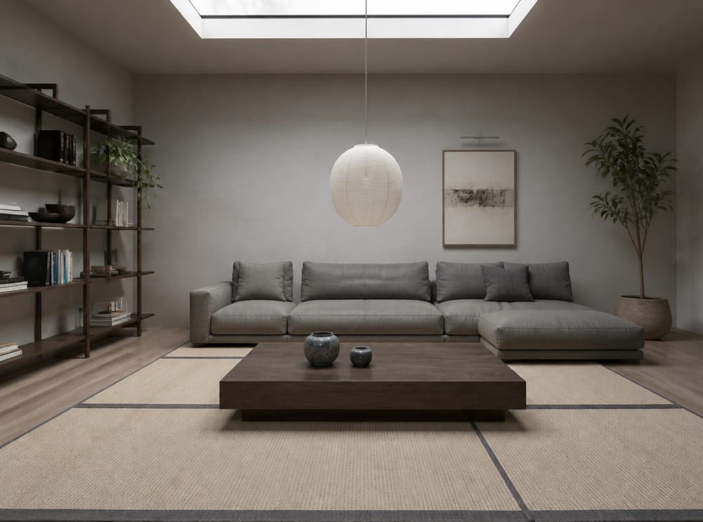 Low-slung grey sofa, washi pendant, Japandi restraint