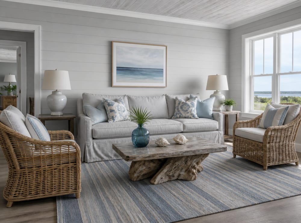 Linen grey sofa, rattan chairs, striped coastal rug