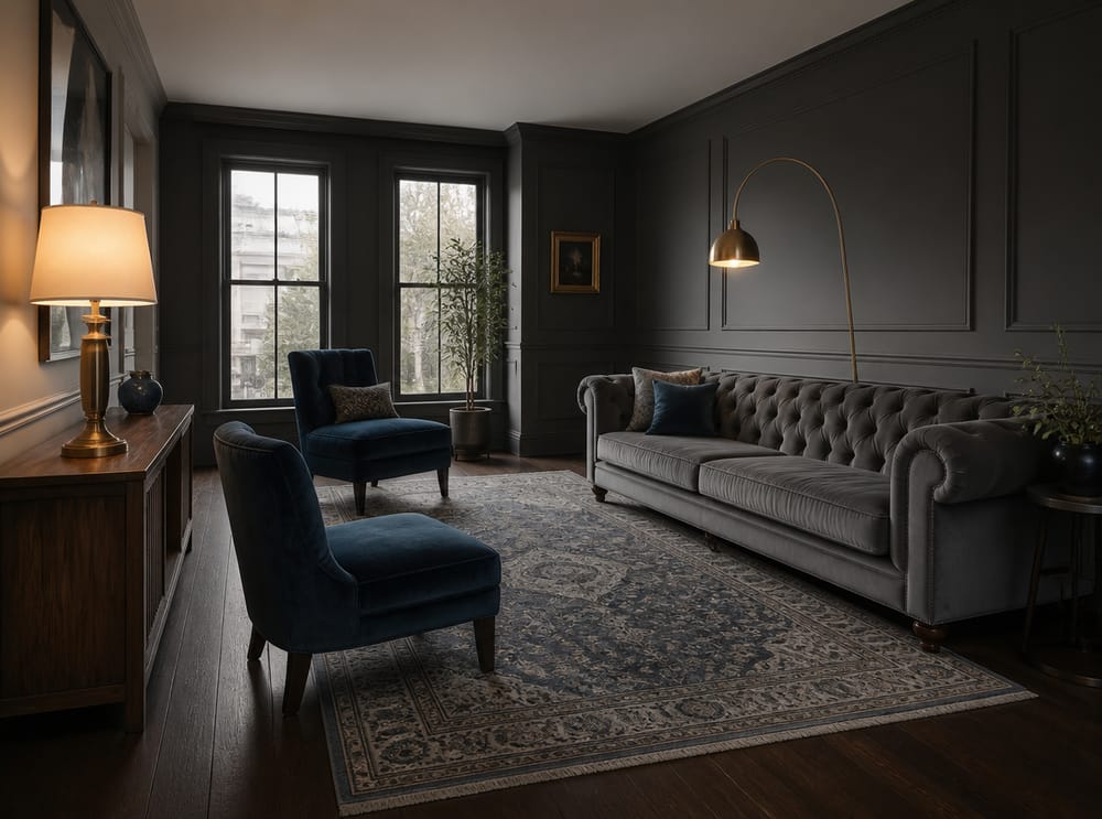 Grey Chesterfield, blue velvet chairs, Persian rug