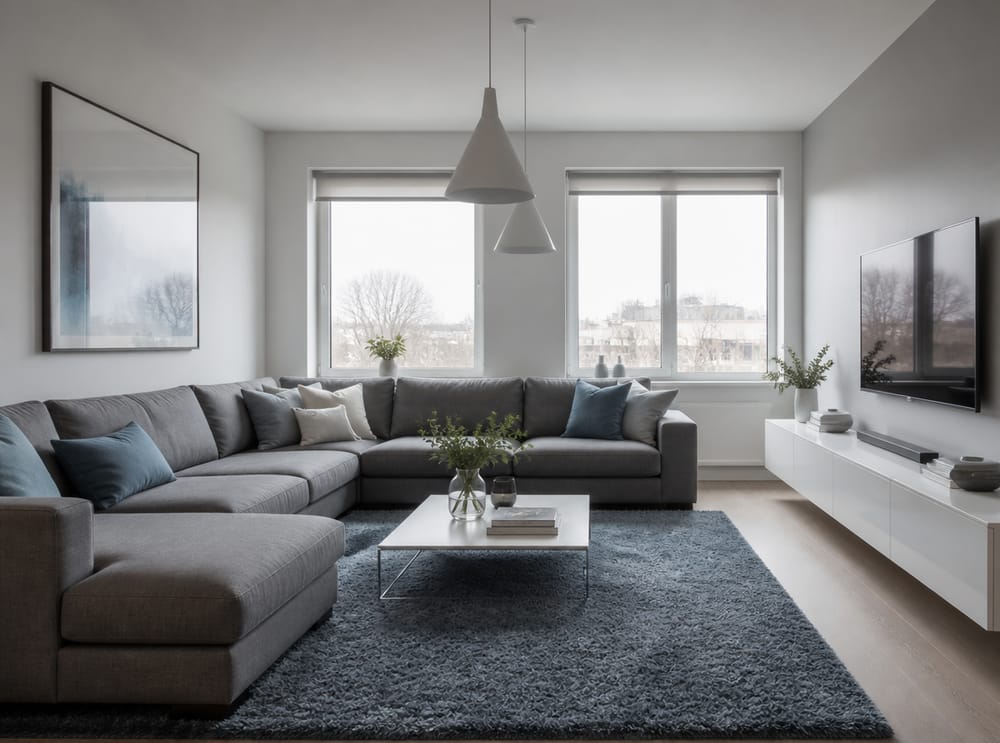 Modular grey sofa, cone pendants, overcast daylight