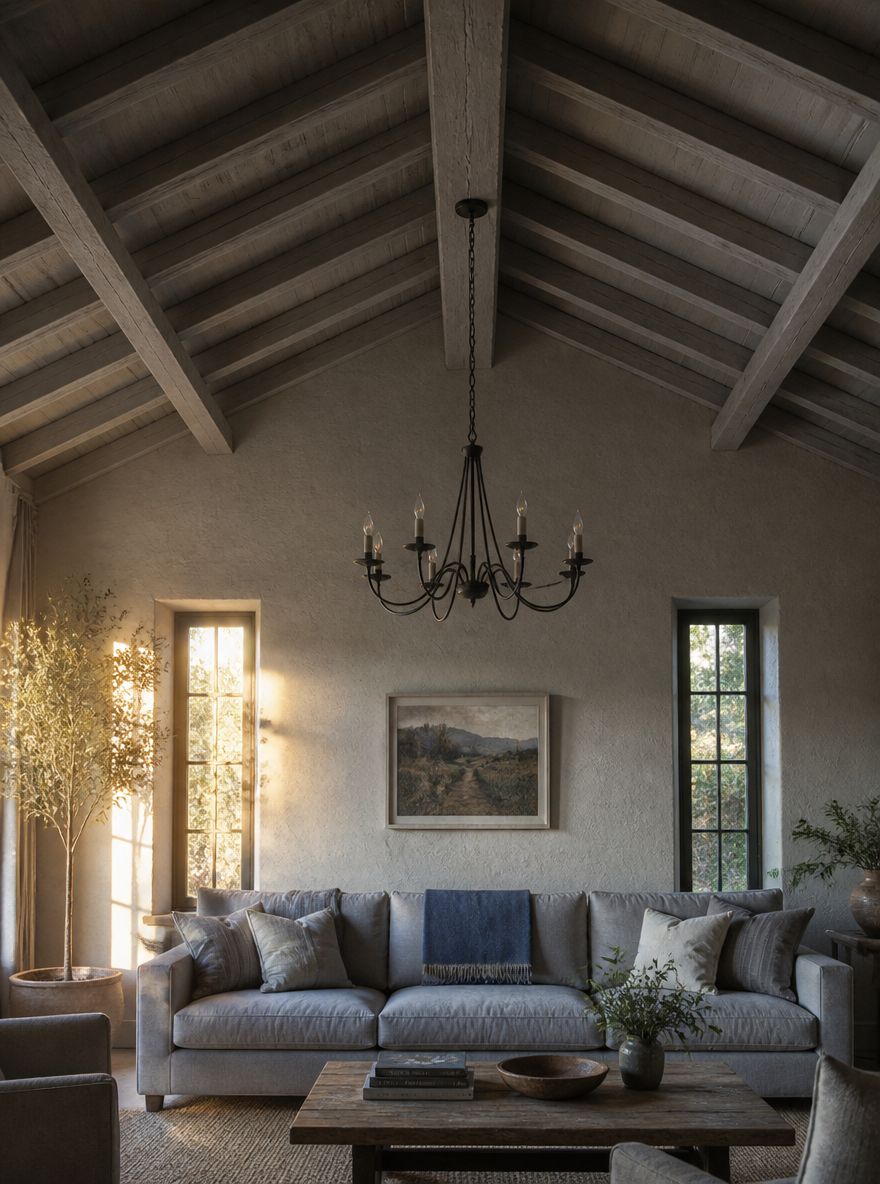 Vaulted ceiling, iron chandelier, grey plaster walls