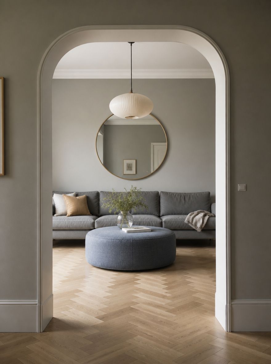 Arched doorway framing grey sofa and round ottoman