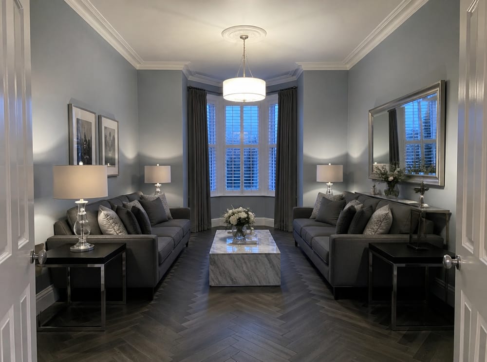 Symmetrical charcoal sofas, marble coffee table, mirror