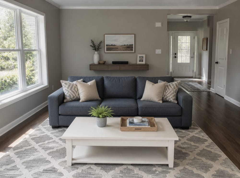 Slate-blue sofa facing viewer, floating media console behind