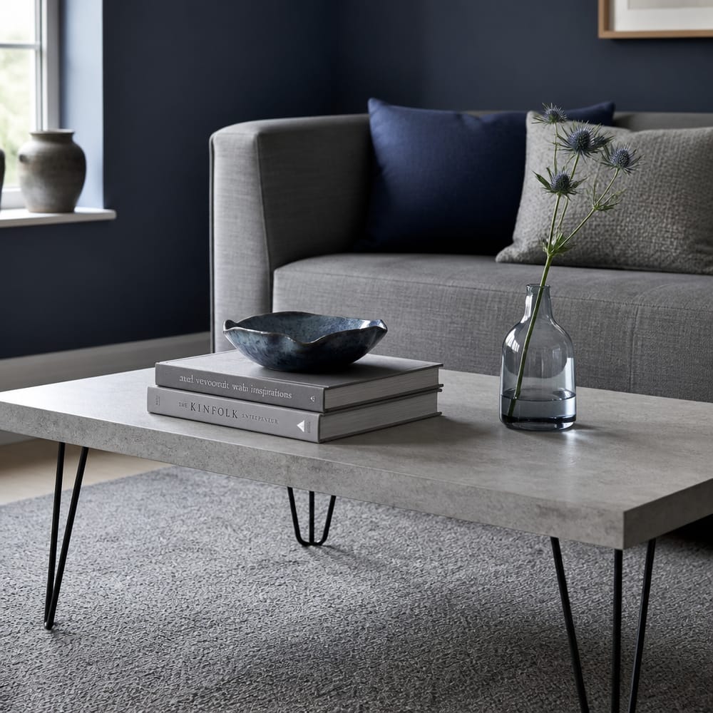 Grey limestone coffee table, blue ceramic bowl vignette