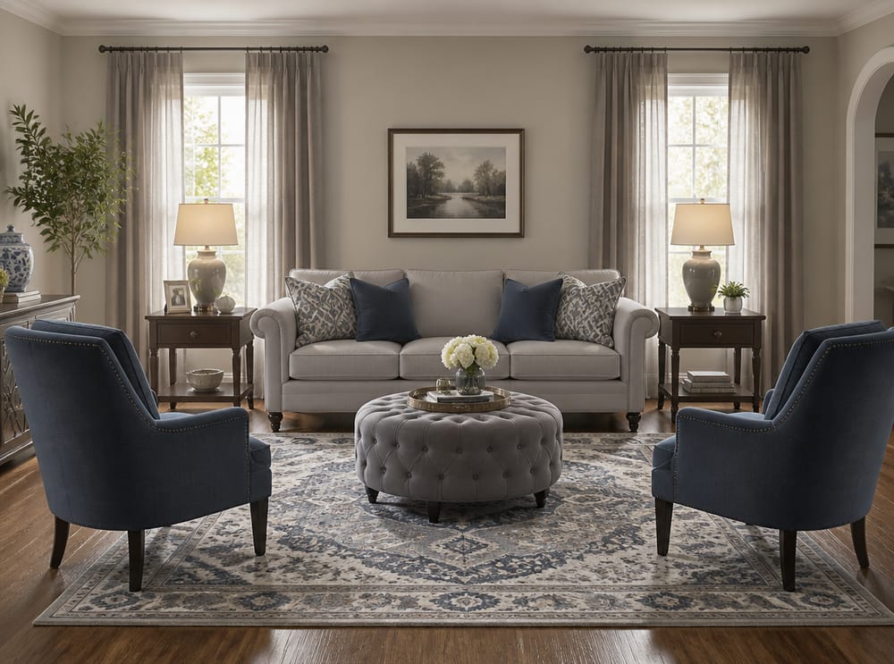 Dove grey rolled-arm sofa, medallion rug, linen drapes