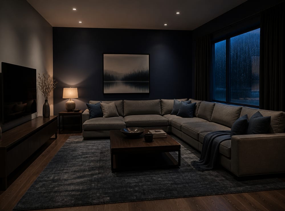 Navy walls, amber lamp, grey sectional in corner