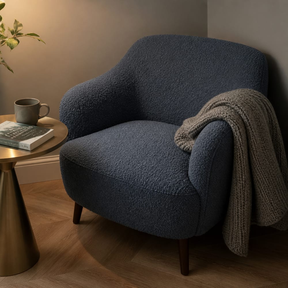 Steel-blue bouclé armchair, brass side table, grey throw