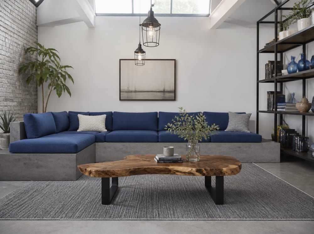 Concrete-look sofa base, live-edge walnut, painted brick
