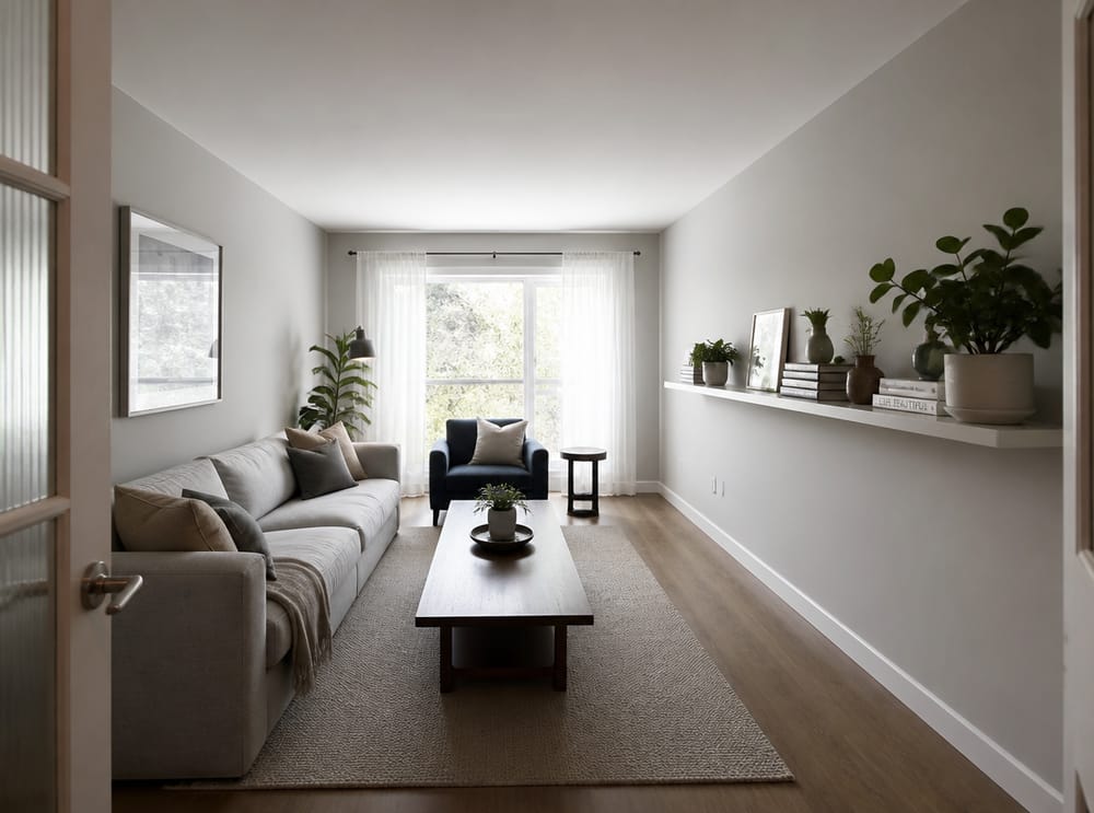 Narrow room, horizontal shelf, blue chair at far end