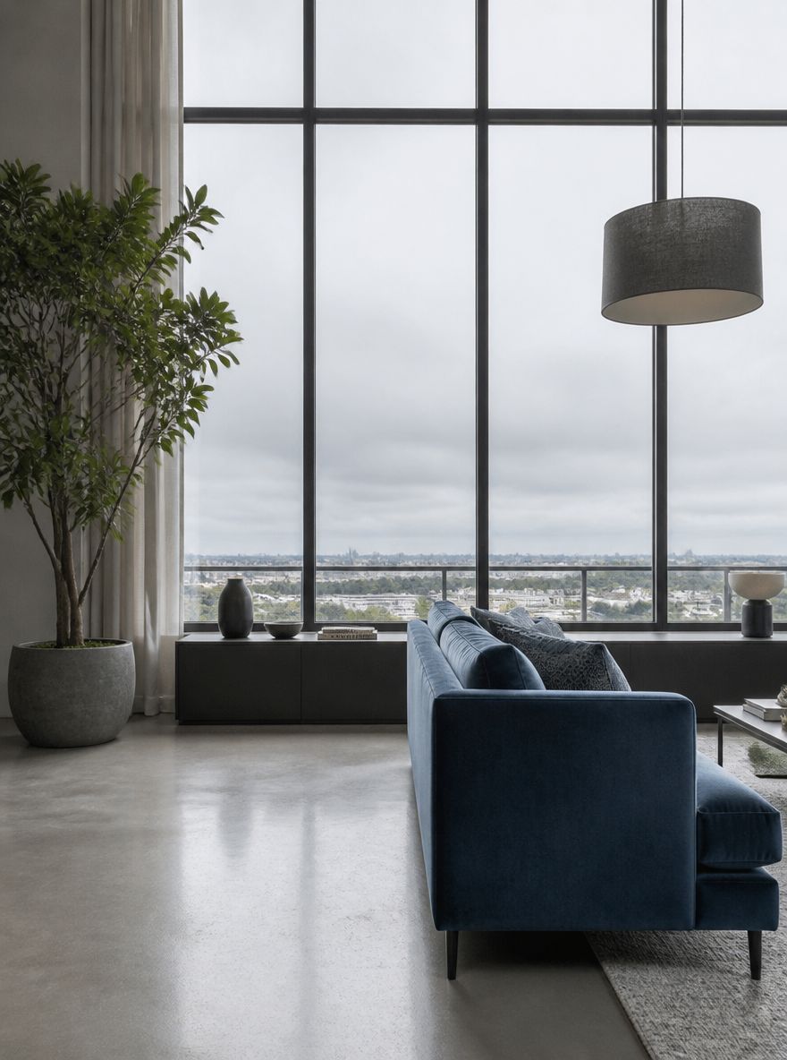 Steel-framed windows, blue-grey velvet sofa, concrete floor