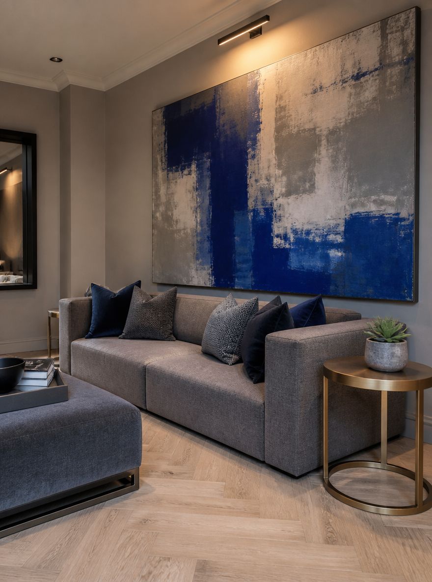 Cobalt blue abstract painting above grey sofa, brass table