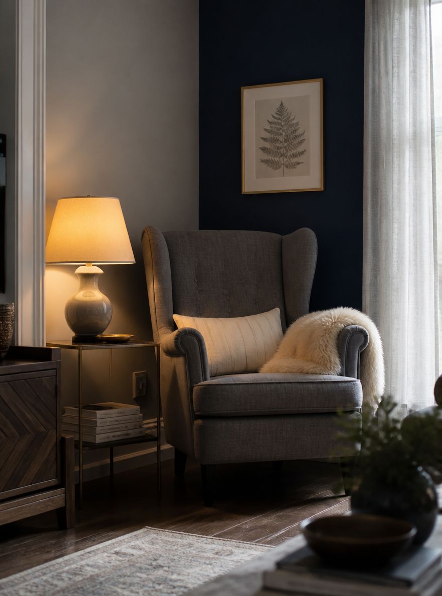 Grey wingback in corner, inky blue wall, reading nook