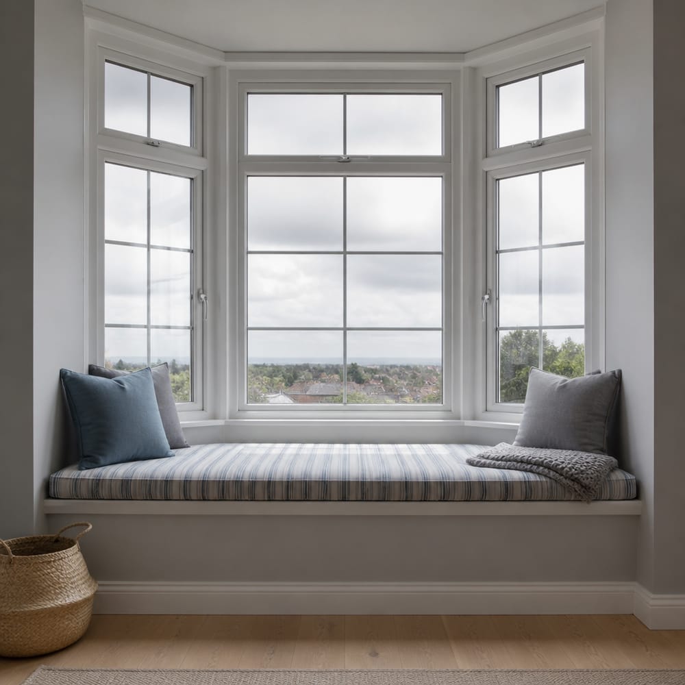 Bay window seat in blue-grey stripe, overcast sky view
