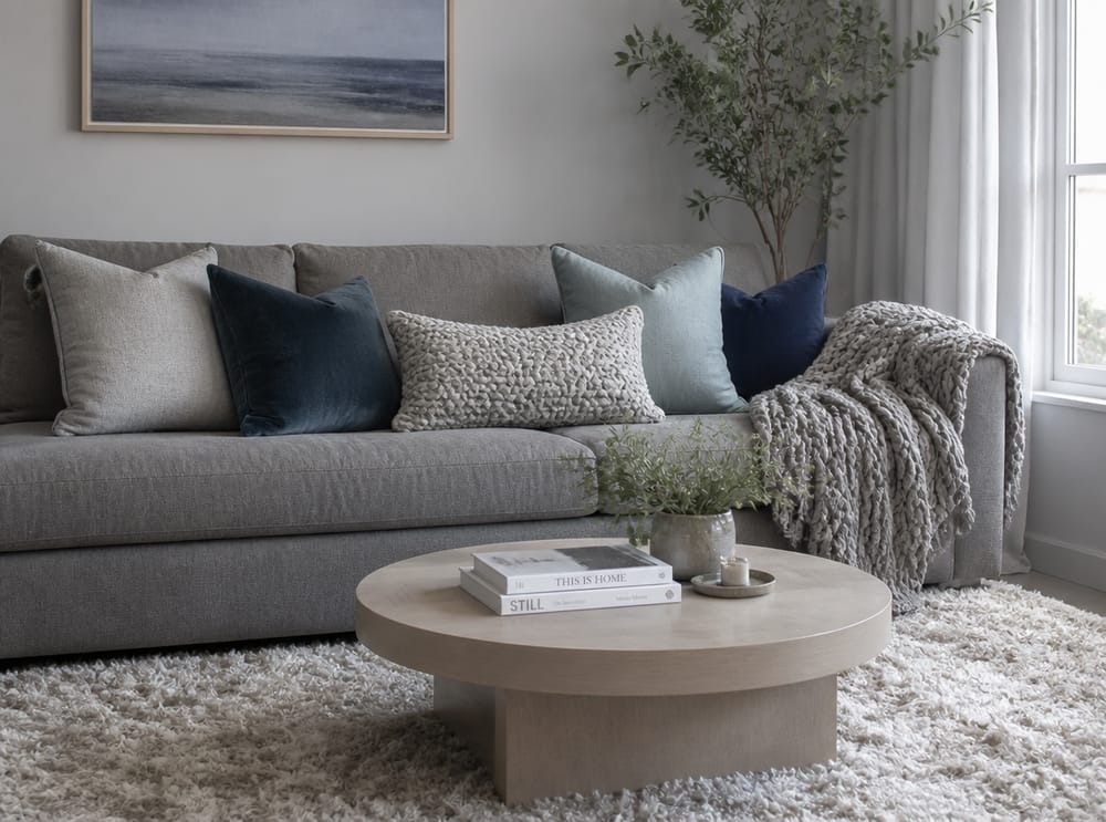 Layered cushions in knit, velvet, linen on grey sofa