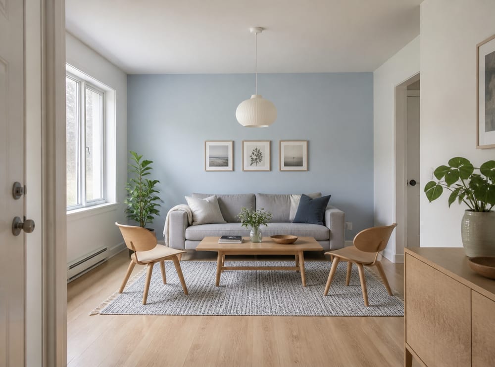 Pale blue accent wall, Scandinavian grey sofa, bentwood chairs