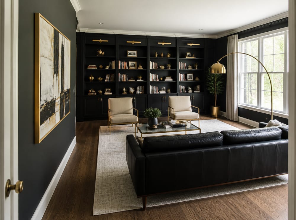 Black leather sofa opposite brass-legged accent chairs