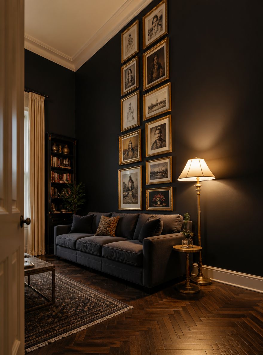 Vertical gallery wall stretching toward high ceiling