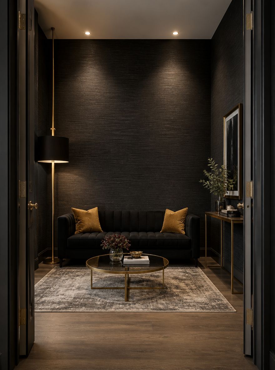Grasscloth wallcovering paired with brass floor lamp