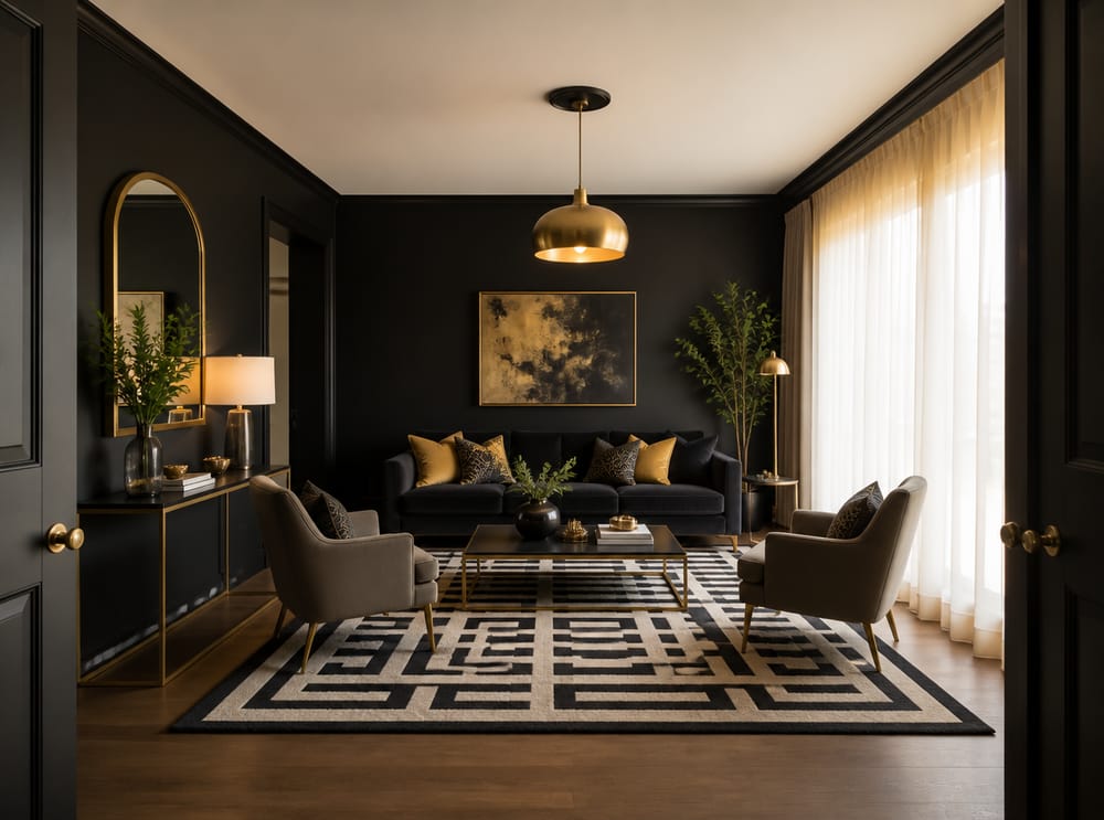 Matte black walls grounded by brass pendant and ivory sheers