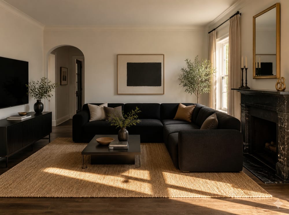 Black bouclé sectional facing black marble fireplace