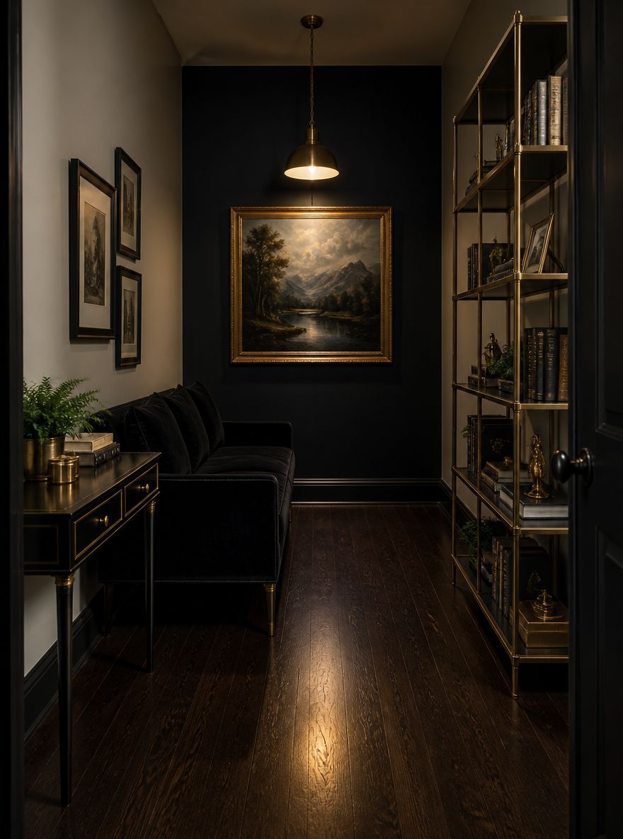 Narrow room depth framed by tall brass étagère